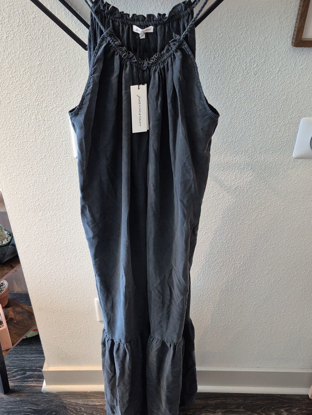 Washed Charcoal Maxi Dress with Ruffle Neckline